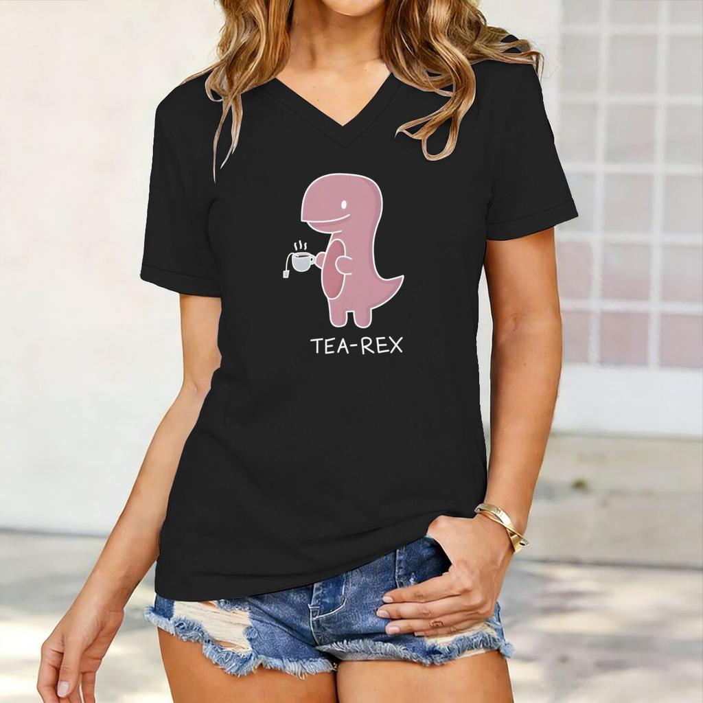 Lady T-Shirt Cute Pink Tea-Rex Print T Shirts Female Short Sleeve V-neck Shirt Harajuku Kawaii Animal Women Clothes