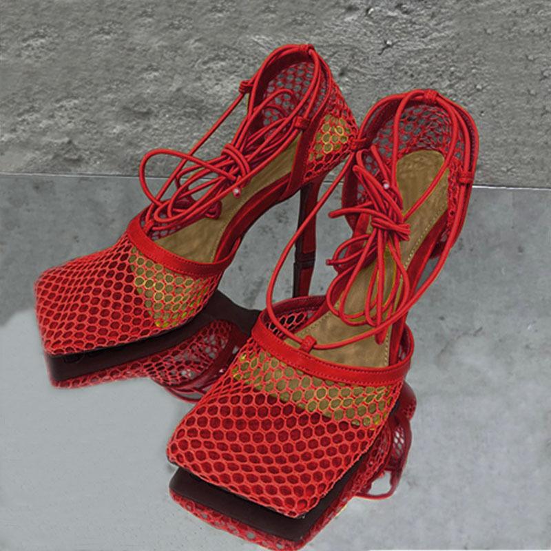 Women High Heels Mesh Sandals Pumps 2025 Summer Sexy Strappy Hollow Roman Shoes New Open Toe Sandals Size 35-43 Sandalias Mujer