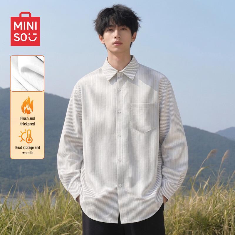 MINISO Мужская полосатая куртка-рубашка с флисовой подкладкой и лацканами