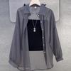 Solid Color Loose Button Front Shirt, Casual See Through Long Sleeve Thin Shirt For Spring & Fall, Women's Clothing