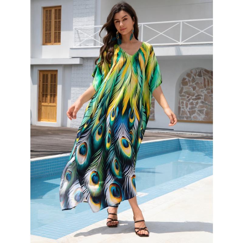 Женская мода лето весна перо принт рукава 1/2 V-образный вырез свободная талия повседневные платья