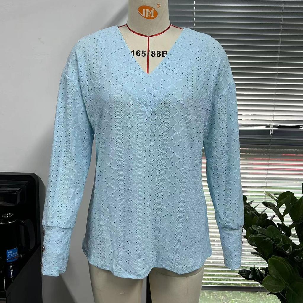 GMXIA Женская модная повседневная рубашка с V-образным вырезом и длинным рукавом, на пуговицах, с ажурной кружевной вышивкой