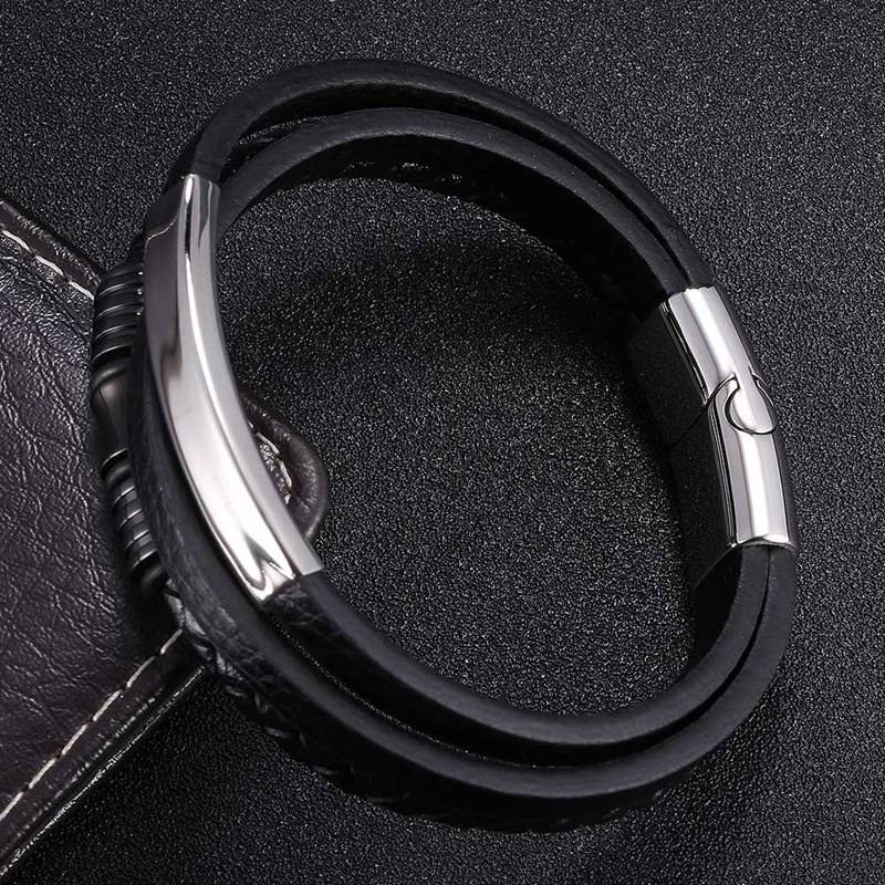 Fashion Stainless Steel Charm Men Bracelet Clasp Braided Mutilayer Leather Wrapping Punk Bangles Man Jewelry BB0999