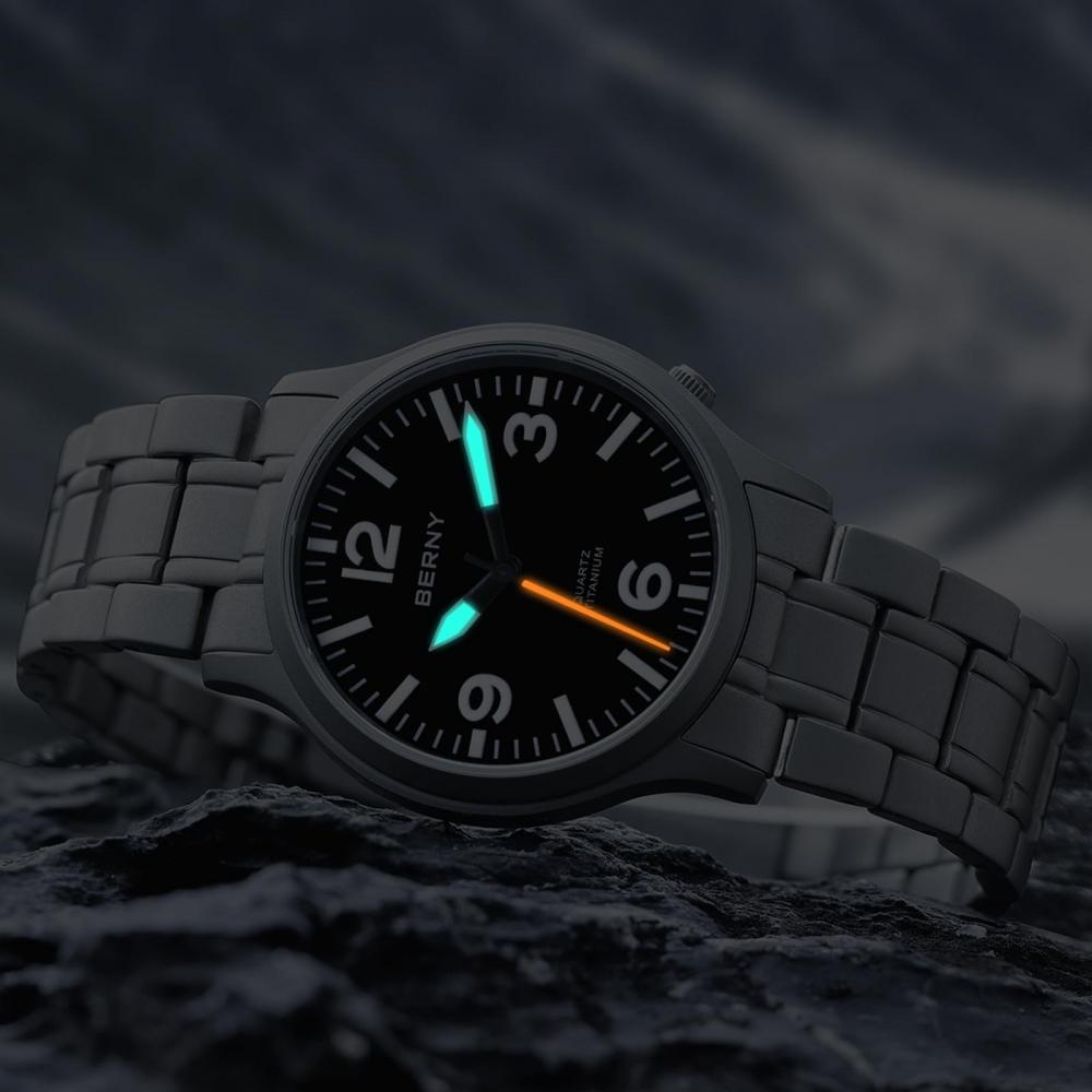BERNY Часы мужские титановые мужские часы мужские часы японские кварцевые часы с секундной стрелкой VH31 5ATM водонепроницаемые аналоговые кварцевые часы супер светящийся сапфир
