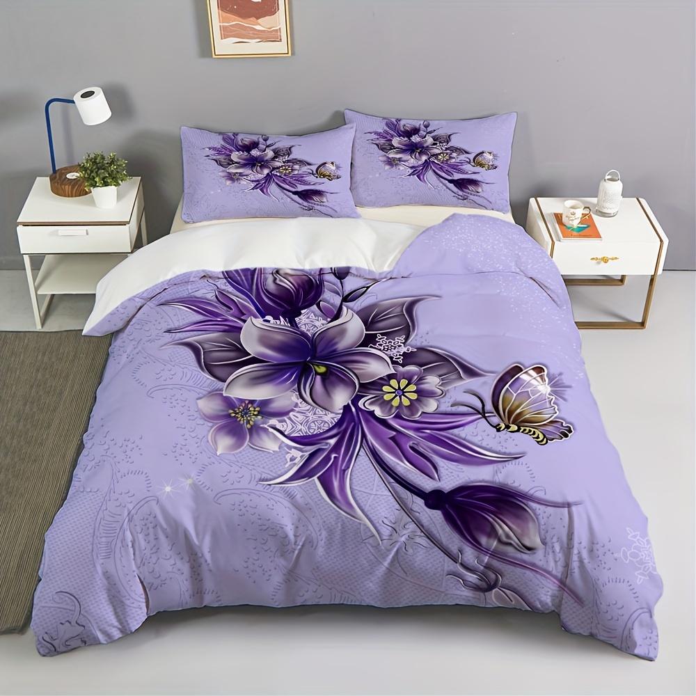 Пододеяльник с узором из фиолетовых цветов в стиле легкой роскоши, размер Queen King, 3D-печать, мягкое и удобное постельное белье, комплект из 3 предметов