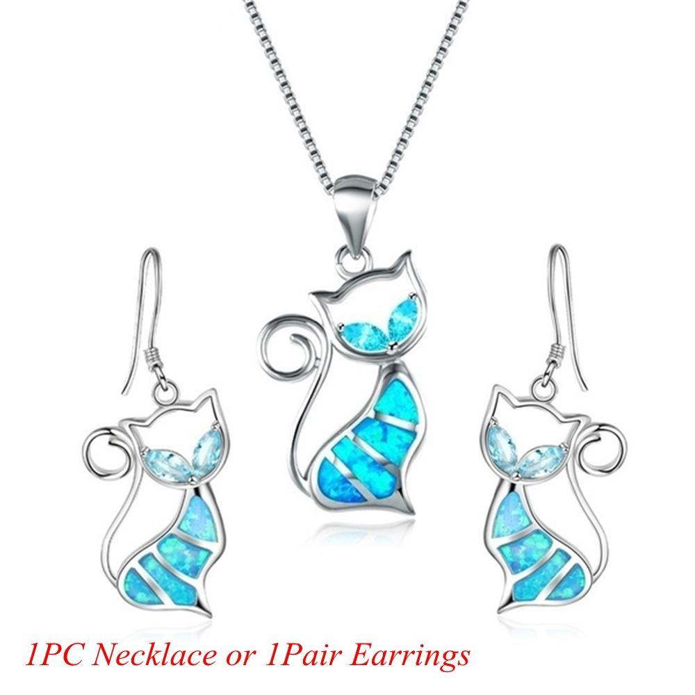 Exquisite Women Fashion Chain Cat Pendant Earrings Jewelry Opal Necklace