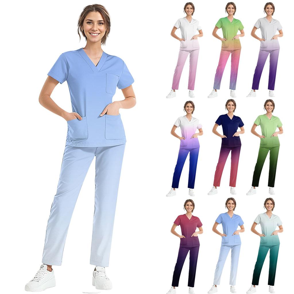 Women's Short Sleeve V Neck Gradation Chest Pocket Work Top Elastic Waist Pants Two Piece Work Set,3 Pockets,Scrubs Tops For Women
