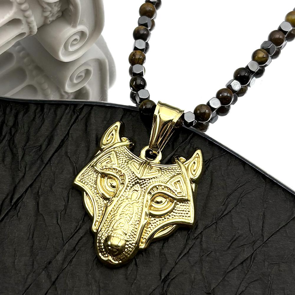 Nordic Wolf Head Viking Pendant Necklace Stainless Steel Gold Tiger Eye Stone Jewelry Gift for Men Women