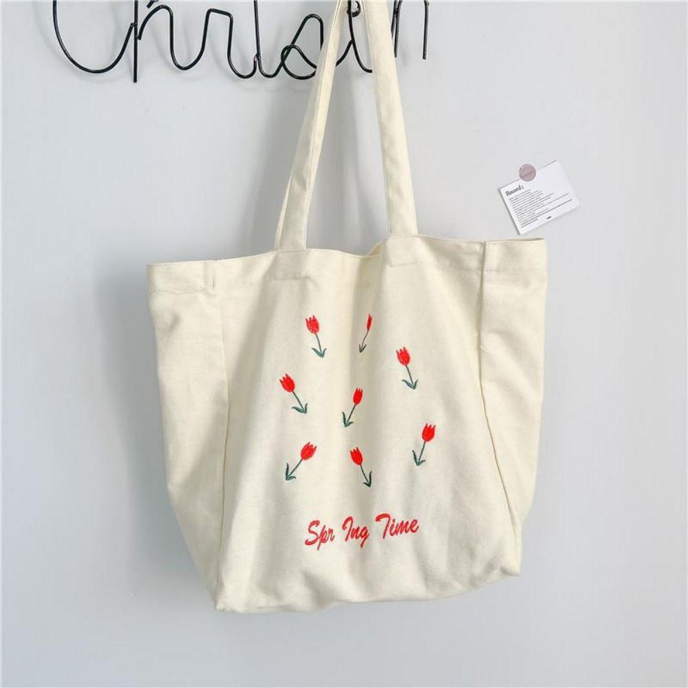 Canvas Cosmetic Storage Organizer Flower Printed Storage Pouch Casual Women's Shopping Bag Student