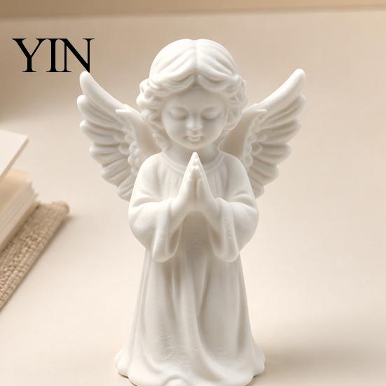 Stable Wide Base Angel Decoration 3D Printed Praying Statue, Elegant Matte White Cherub Figurine with Detailed Drop Resistant Odor Free Decor