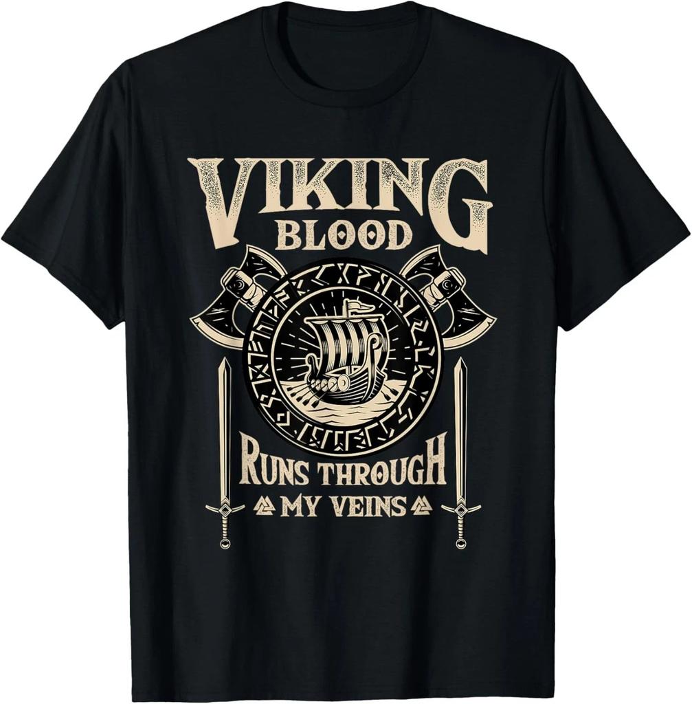 Viking T-Shirt – Viking Blood Runs Through My Veins Norse Mythology Warrior