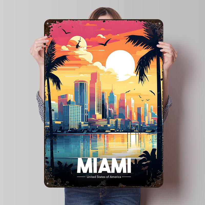 Miami Skyline Sunset Printed Posters Customizable Wall Art Retro Vintage Metal Tin Signs for Home Room Mancave Decoration Garage