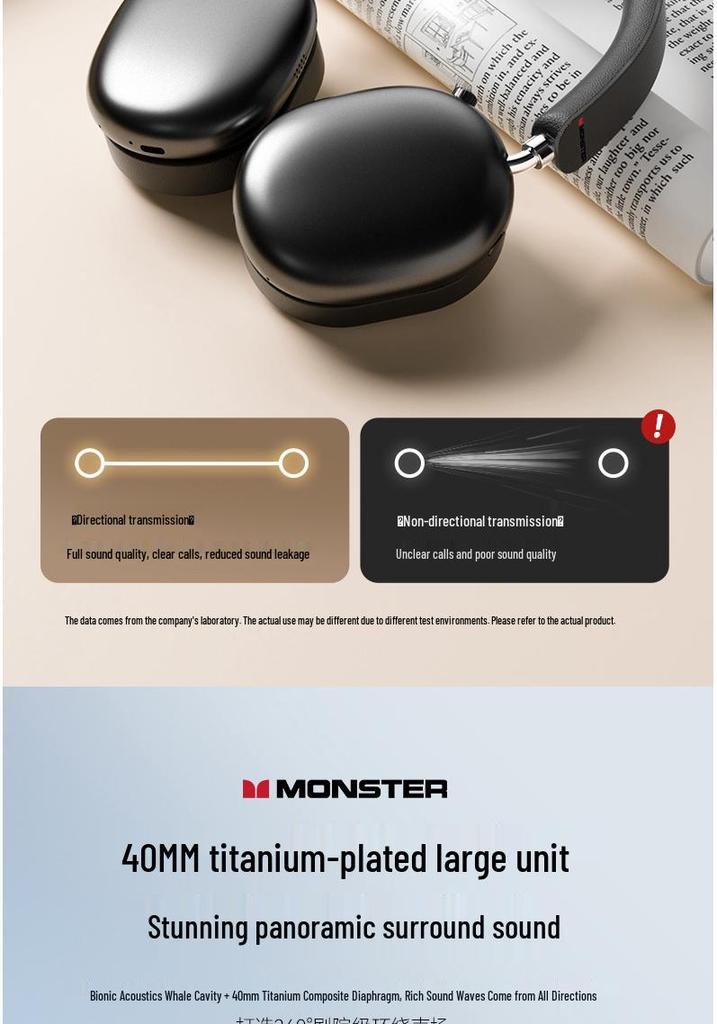 Monster AH100 Wireless Over-Ear Bluetooth Headphones, ANC Noise Cancelling, Long Battery Life, Perfect for Gaming & Sports
