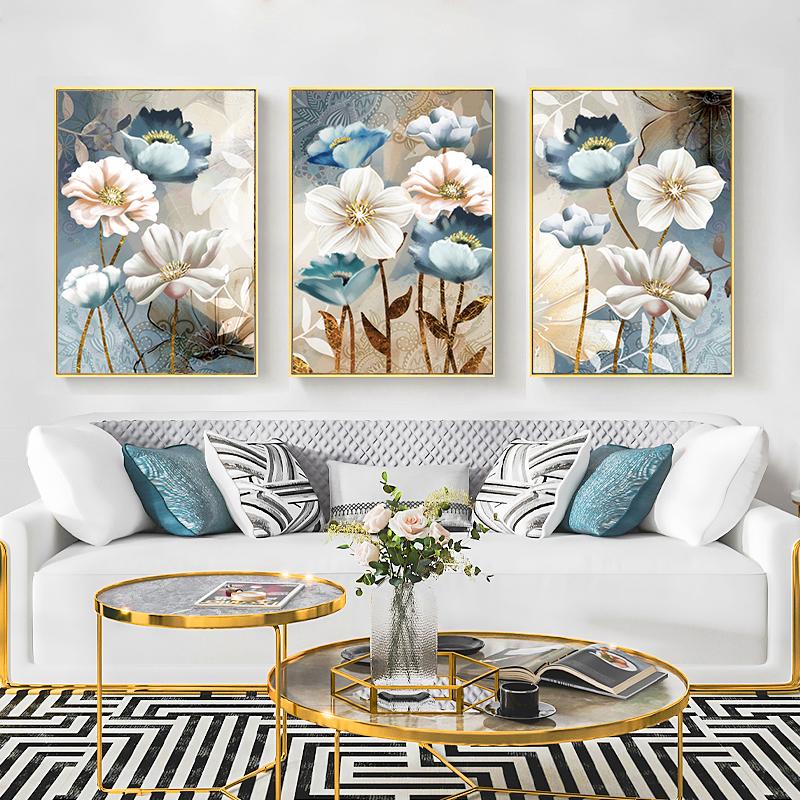 Golden Blue Flowers Nordic Poster Modern Abstract Wall Art Print Canvas Painting Wall Pictures for Living Room Home Decoration