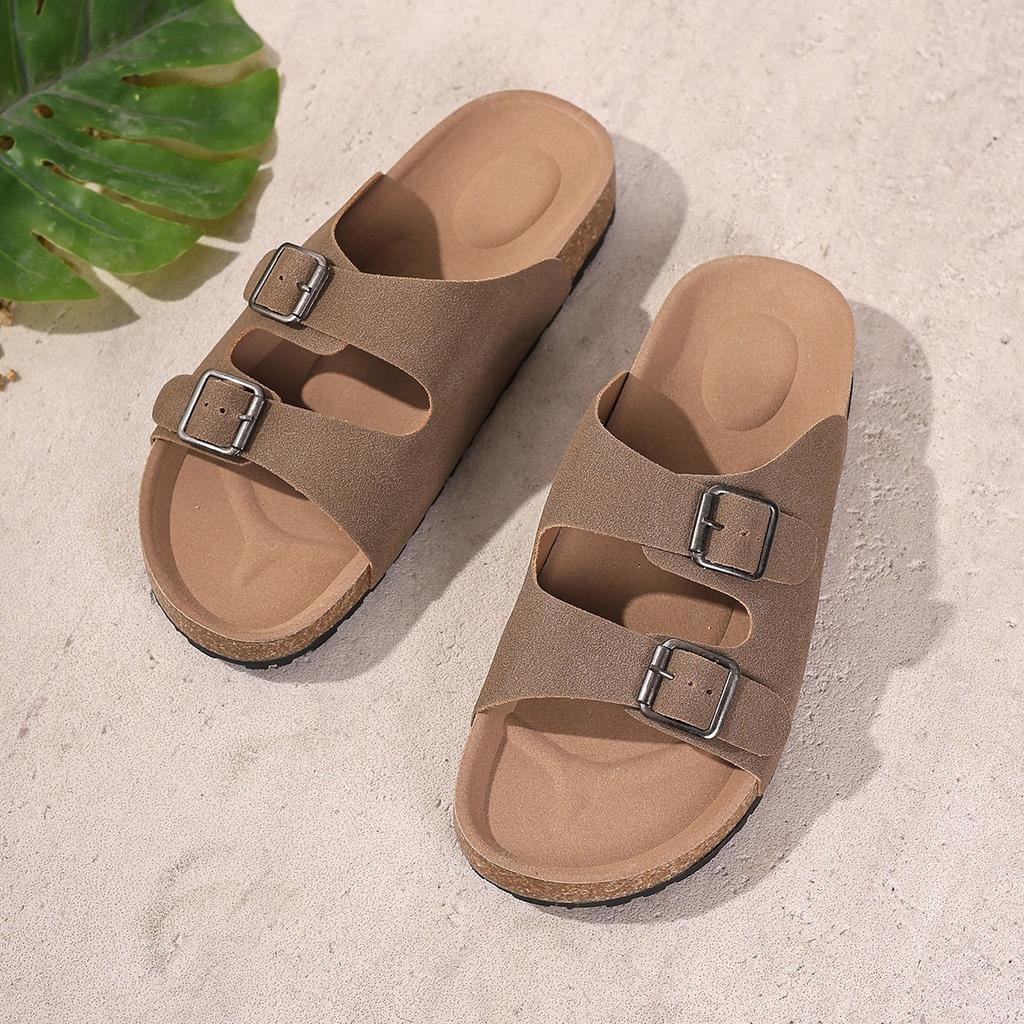 Fashion New Women's Cork Footbed Slippers with Arch Support Summer Slip-On Double Buckle Slide Sandals with Adjustable Buckle