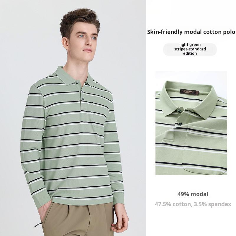 Langdeng Men's Business and Leisure Modal Cotton Collar Striped Long Sleeve T-shirt