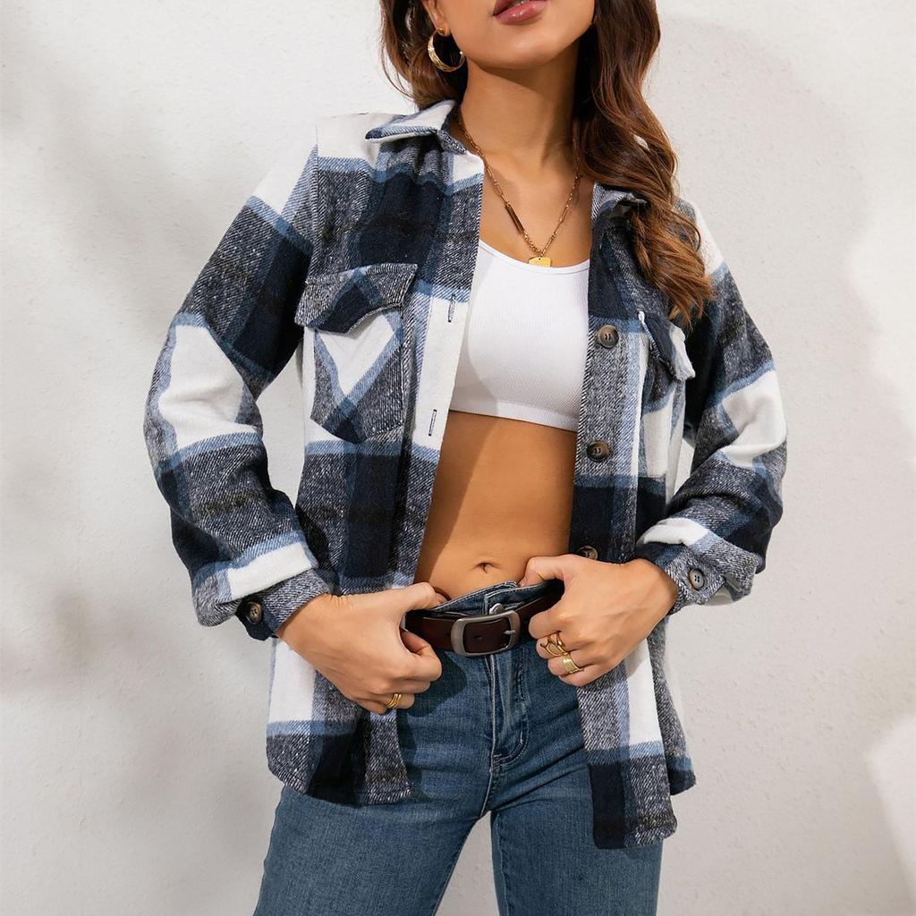 Модная женская повседневная свободная шерстяная плюшевая клетчатая куртка-рубашка с длинными рукавами
