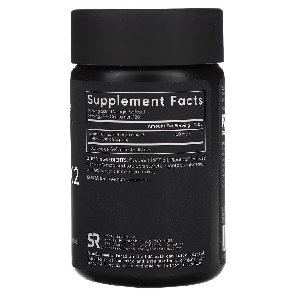Sports Research, Vitamin K2, vegetable ingredients, 100 mcg, 120 veggie softgels