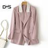 Women Casual Suit Coat Notched Lapel Long Sleeve Patchwork Color Suit Jacket Double Breasted Flap Pockets Loose Fit Office Lady Outwear
