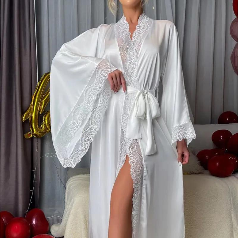 Сексуальный длинный однотонный шелковый атласный халат с кружевной отделкой и вставками для женщин, с расклешенными рукавами, свободный, в придворном стиле, ночная одежда, кружевные халаты, одежда для отдыха