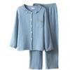Netakara Gauze Pajamas for Fall and Made with Natural Long Solid Relaxed Nightwear Blue Women's 4-Layer Winter, 100% Cotton, Thick, Comfortable, Soft,