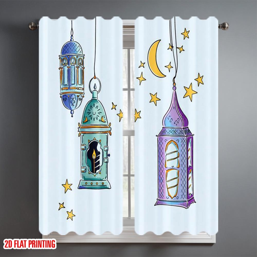 2D flat printing 2pcs Curtain Curtain Ramadan Lanterns and Moon Digital Printed Polyester Drapes Family Party Decoration Perfect