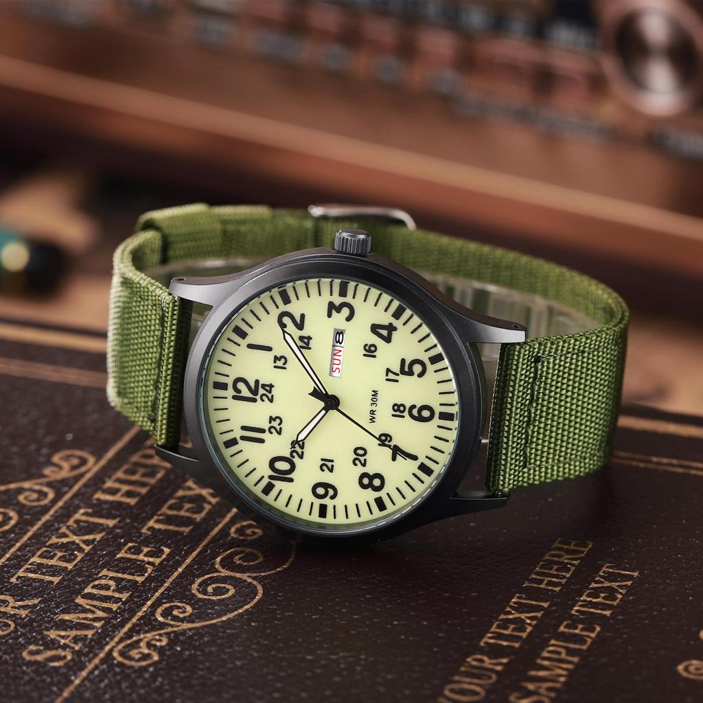 Часы для активного отдыха, кварцевые, с аналоговым дисплеем, нейлоновые, с календарем, светящимся индексом, датой, днем недели, большим циферблатом, водонепроницаемые, зеленого цвета, с днем рождения