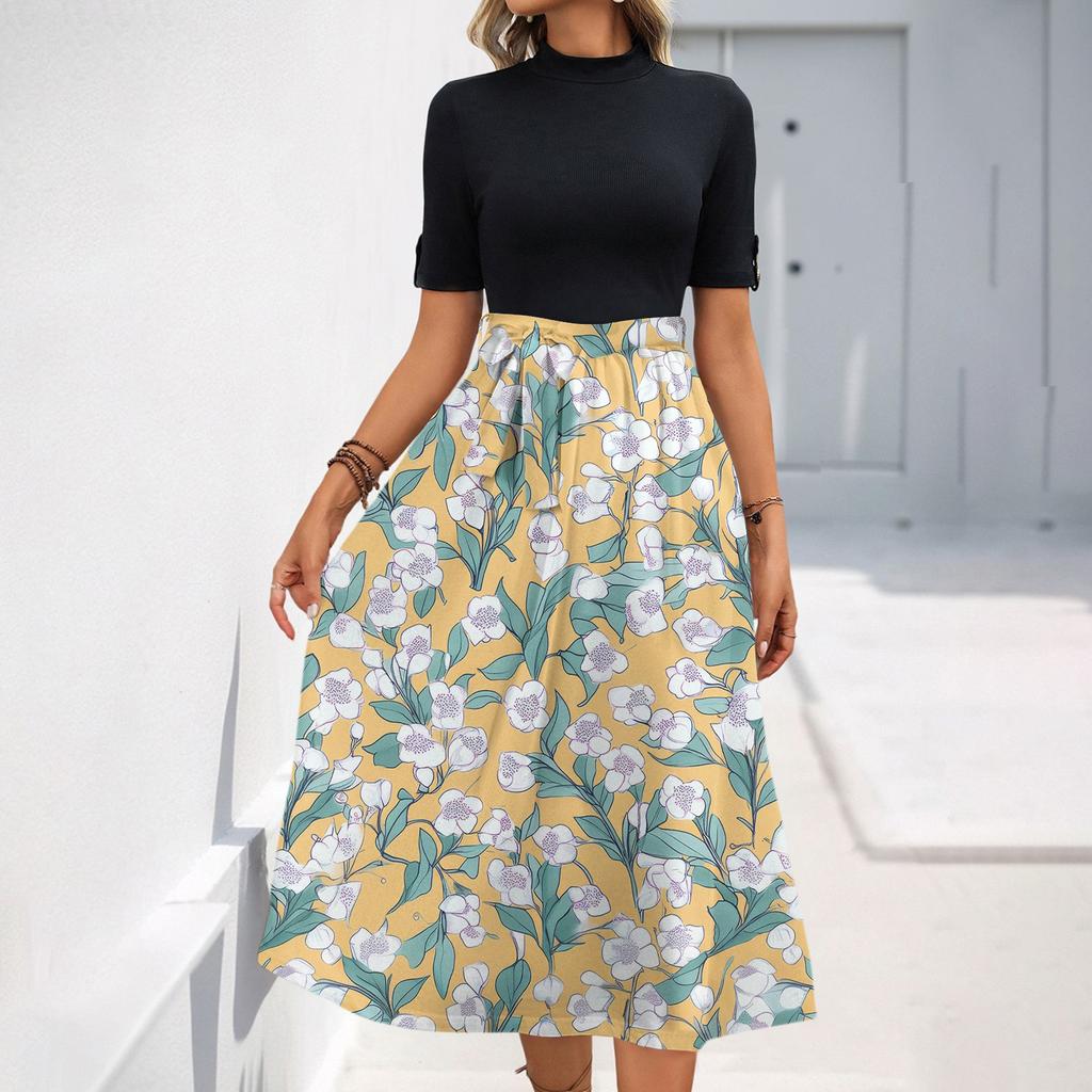 Women's Fashion Casual Belt Short Sleeve Round Neck Floral Elegant Temperament Dress