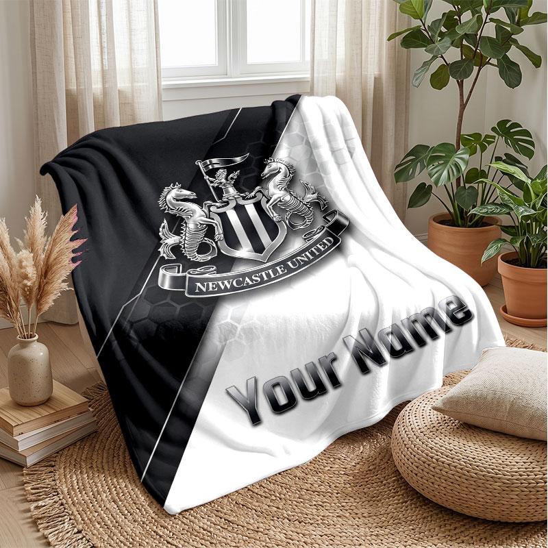 Newcastle United FC Custom Name Text Flannel Blanket Soccer Logo Personalized Fleece Throw Blanket Special Gift For Sofa Bedroom Home