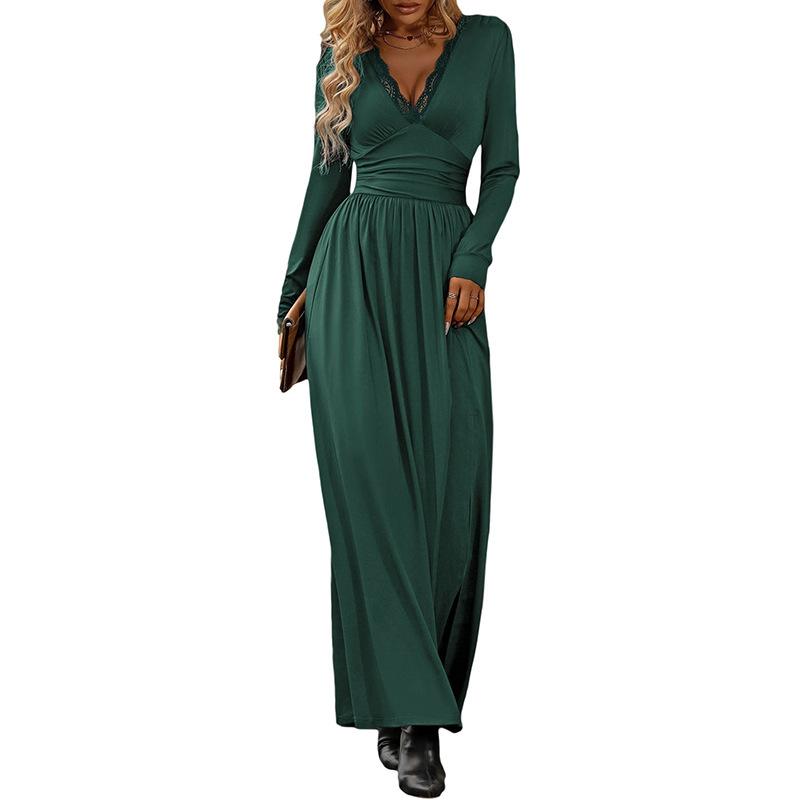 Lace Dress Popular European And American Autumn And Winter Elegant Slim Split Dress