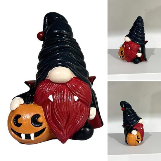 Halloween Gnome Statue Spooky Holding Pumpkin Wizard Zombie Dwarf Figurine Resin Sculpture Home Office Desktop Decoration Ornament