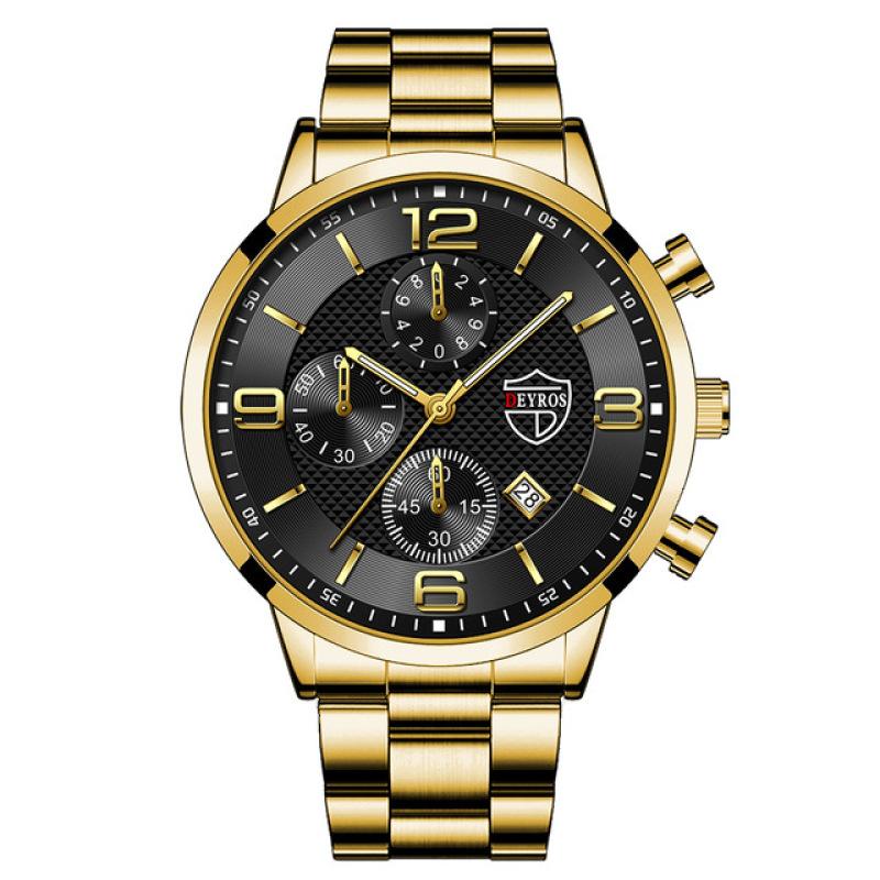 Men's Top Brand Luxury Fashion Calendar Watch Men's Stainless Steel Watch Golden Luminous Quartz Watch