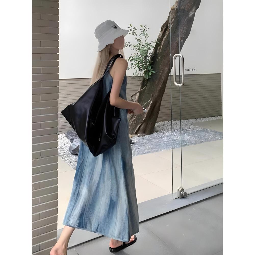 Женское летнее приморское свободное пляжное платье, праздничное ленивое длинное платье, ретро синее платье на бретелях с размытым принтом