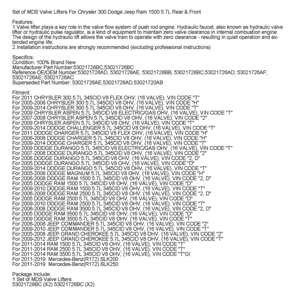 Комплект толкателей клапанов MDS для Chrysler 300 Dodge Jeep Ram 1500 5.7L Задние и передние