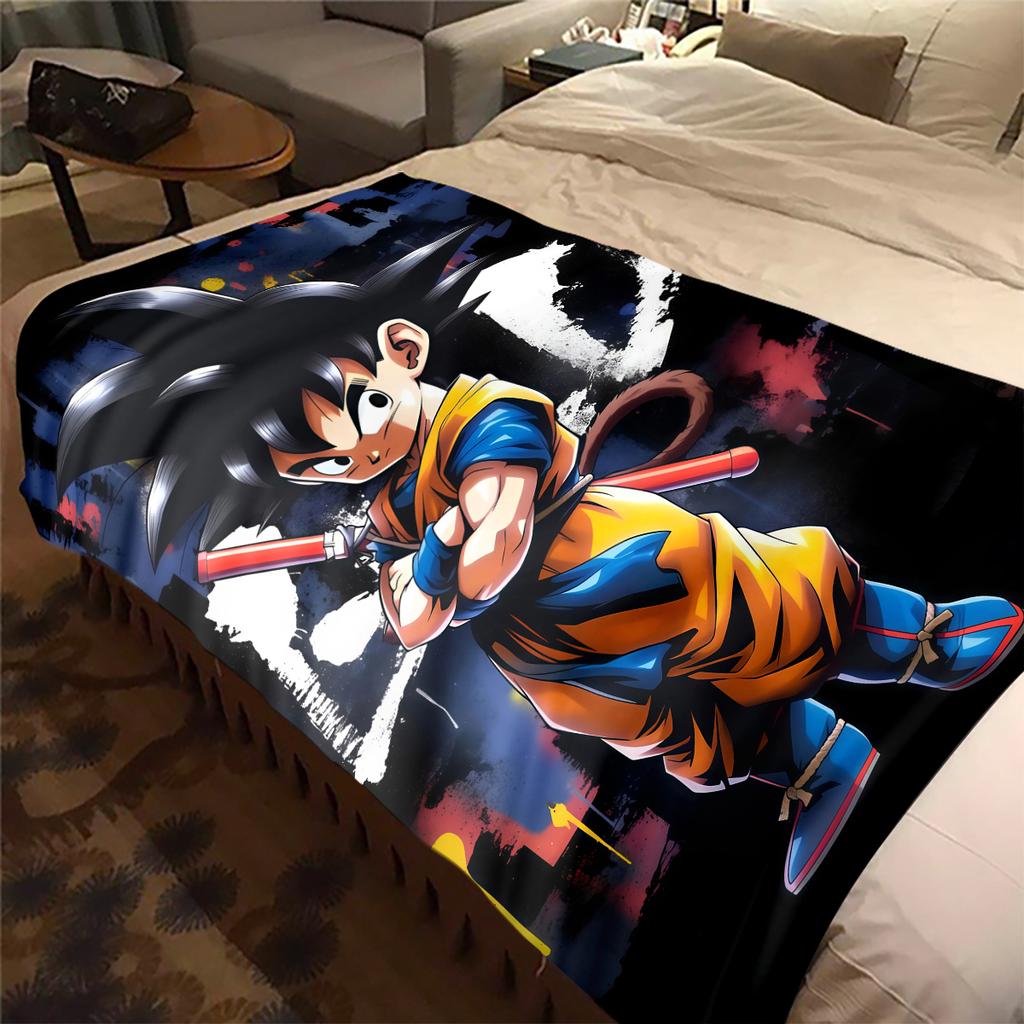 1PC Cartoon Son Goku Print Flannel Blanket, High quality All Seasons, Home Decor, Warmth and Comfort, Perfect for Christmas Gifts