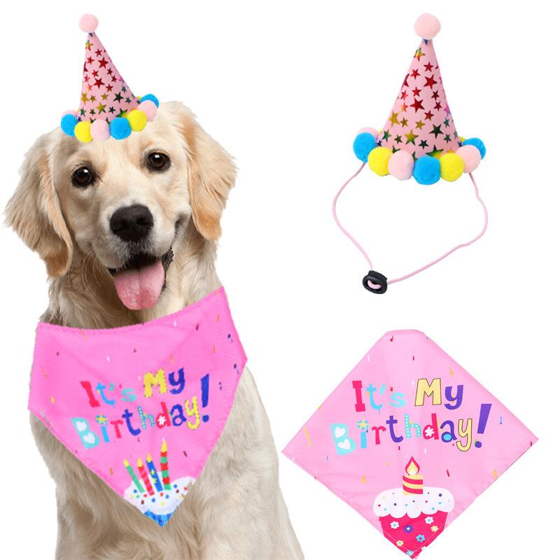 2Pcs/set Dog Birthday Drool Towel Bandana Hat Set Party Supplies