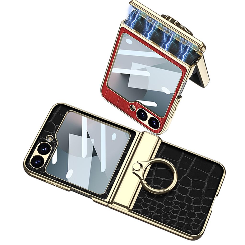 Роскошный чехол из кожи с покрытием для Samsung Galaxy Z Flip 7 6, магнитный чехол-крышка со встроенным кольцом-держателем для шарнира для чехла Galaxy Z Flip 5