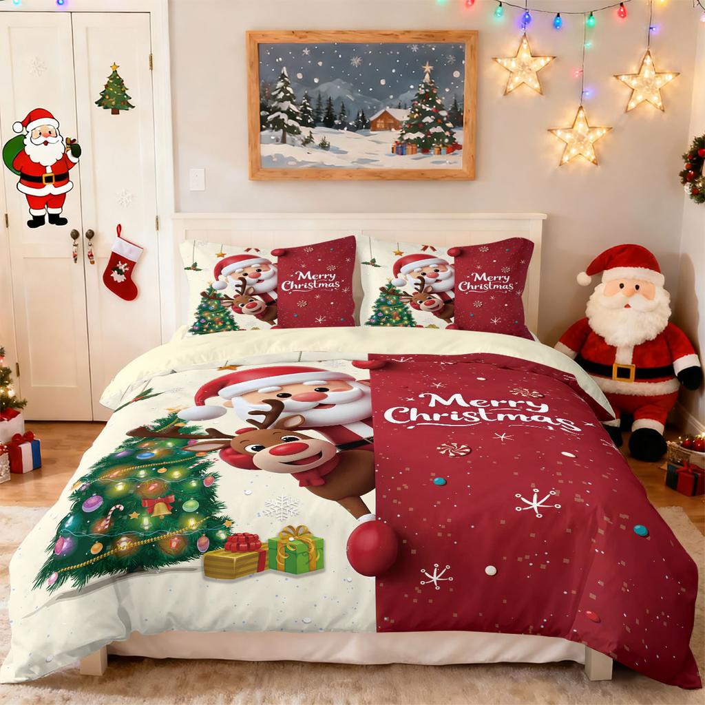 3pc Merry Christmas Cartoon Santa Claus Printed Chipless Quilt Set Multi Size Bedrooms Dormitory Bedding Holiday Decoration