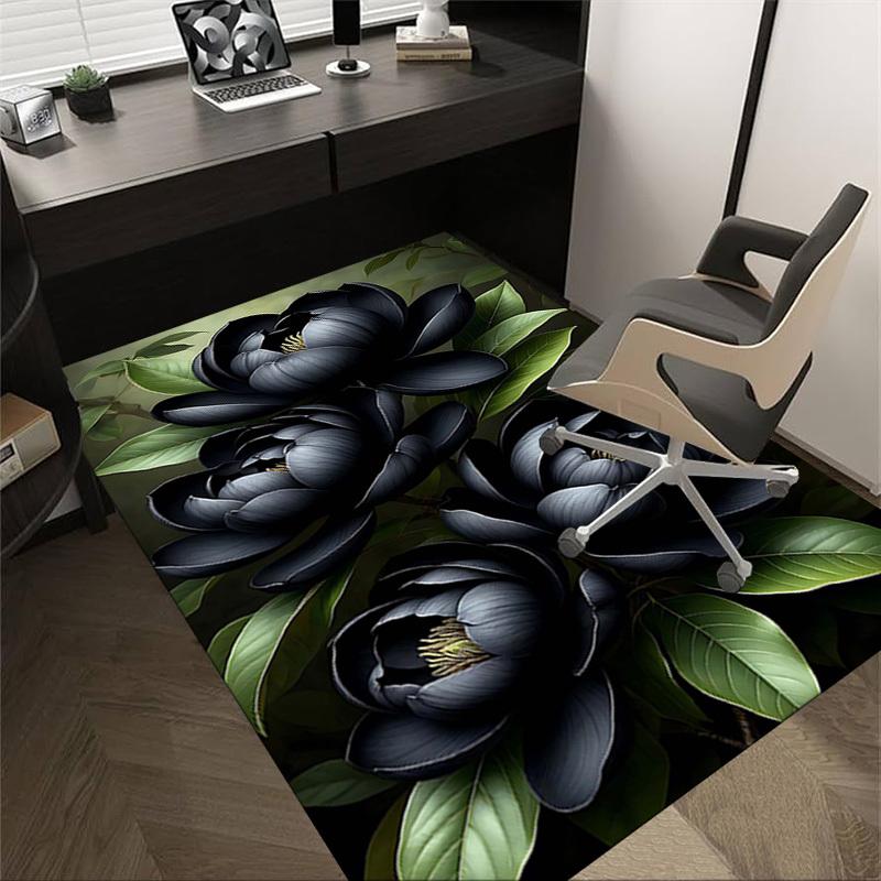 1PC Black Magnolia Flowers Non-Slip Floor Carpet Compatible for Office&Living Room&Bedroom&Dining room - Flat-Weave Machine-W318
