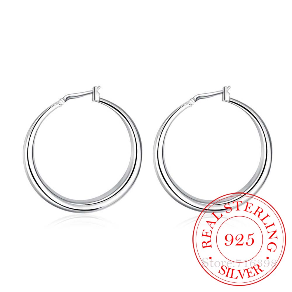 Korean Diameter 34mm Big Solid Circles Hoop Earrings For Women  925 Sterling Silver Brincos De Prata Fine Jewelry For Female
