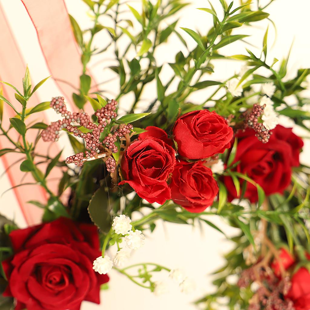 Artificial Heart Shaped Rose Wreath Ribbon Simulated Spring Floral Wreaths for Front Door Wedding Decor Photo Props 40cm