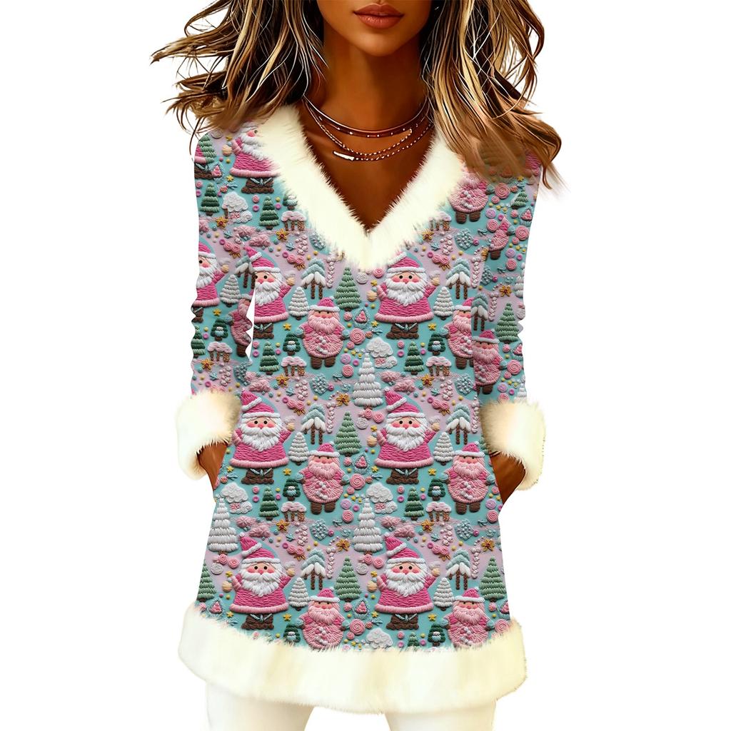 Женский рождественский модный плюшевый пуловер с V-образным вырезом и принтом, с длинными рукавами