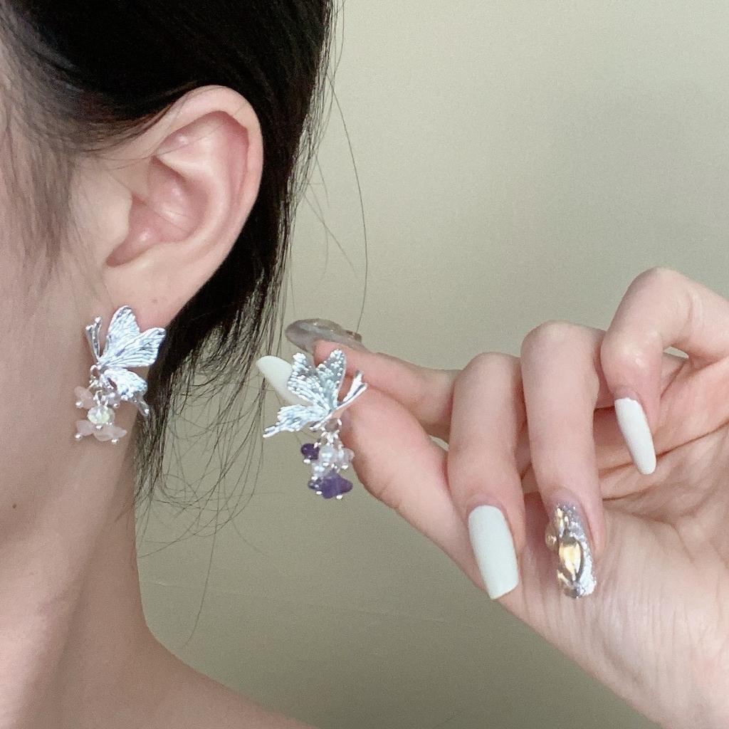 Niche Light‑Luxury Stud Earrings Silver‑Tone Butterfly Crystal Beaded High‑End Versatile Decor Earrings