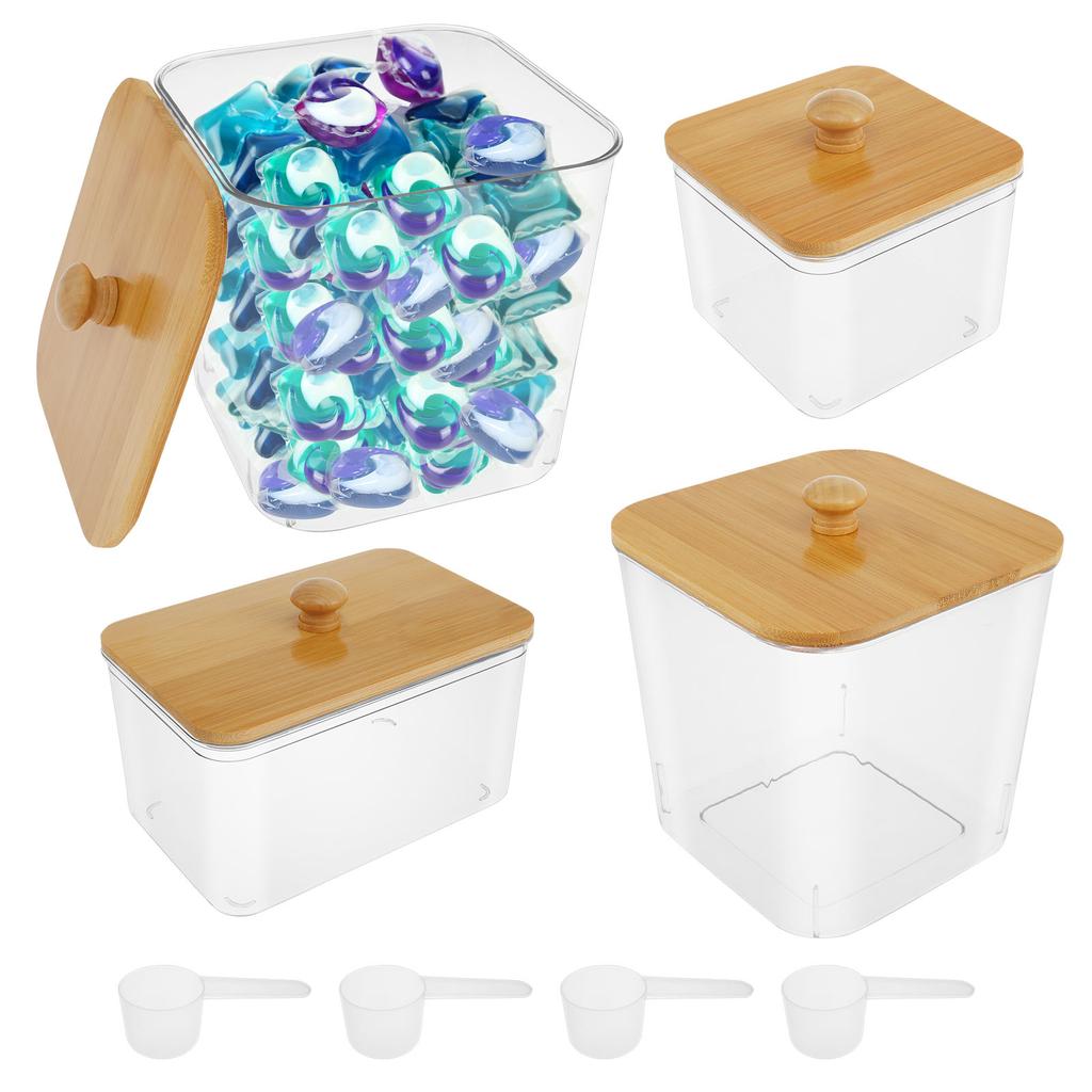 4 Pcs Laundry Pods Container with Bamboo Lid Clear Dryer Sheet Holder Laundry Powder Scent Beads Container Laundry Room