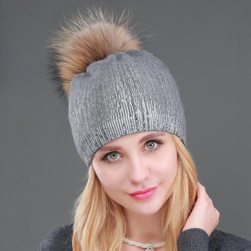 2024 New Winter Beanies Ladies Knitted Wool Warm Hats Fashion Pom Pom Real Raccoon Fur Caps Skullies Hat For Women Print Fur Cap