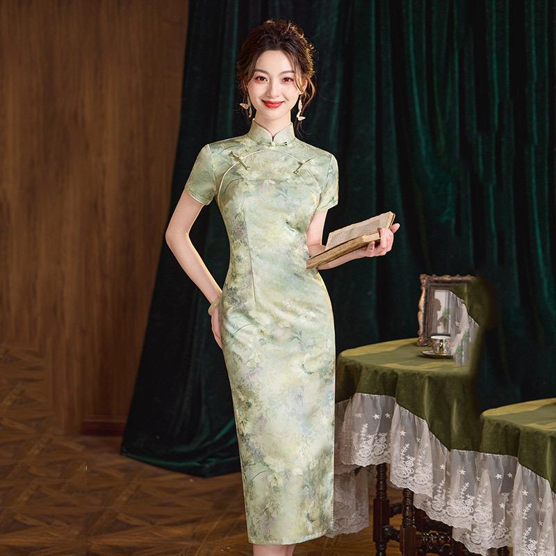 Double placket green national style Chinese long improved cheongsam new young women's retro slim short sleeves summer