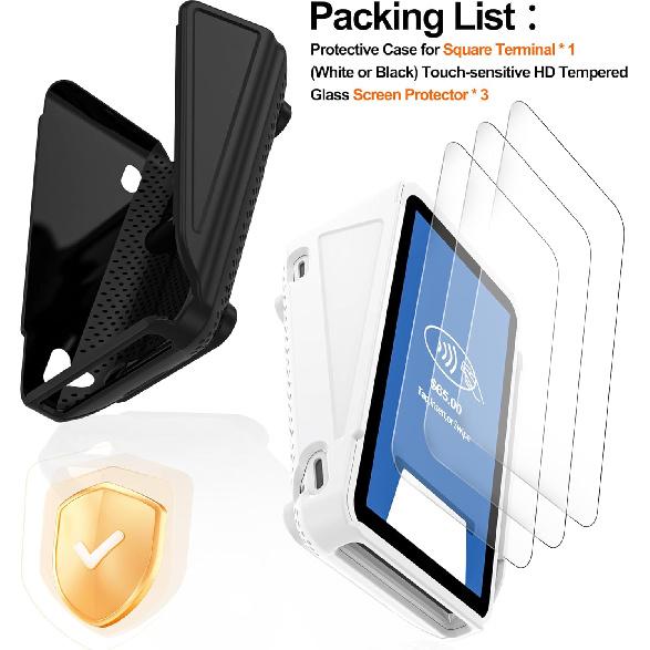 Kailfee Protective Case and Screen Protector*3 for Square Terminal Card Reader - Rubberized Hard Casing with Non-Slip Base and Tempered Glass(Black)