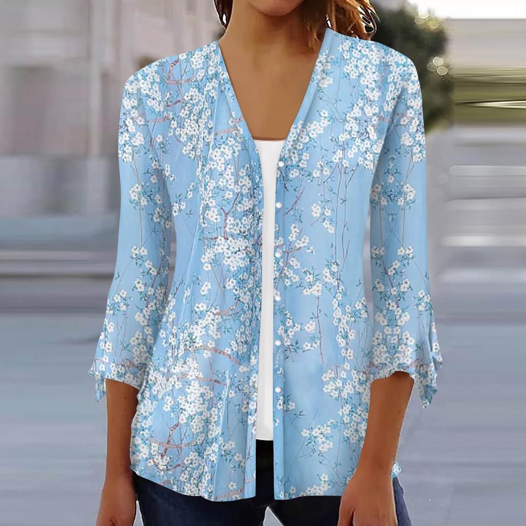 Ladies Casual Floral Printed Three Quarter Sleeve Button Shirt Cardigan Top