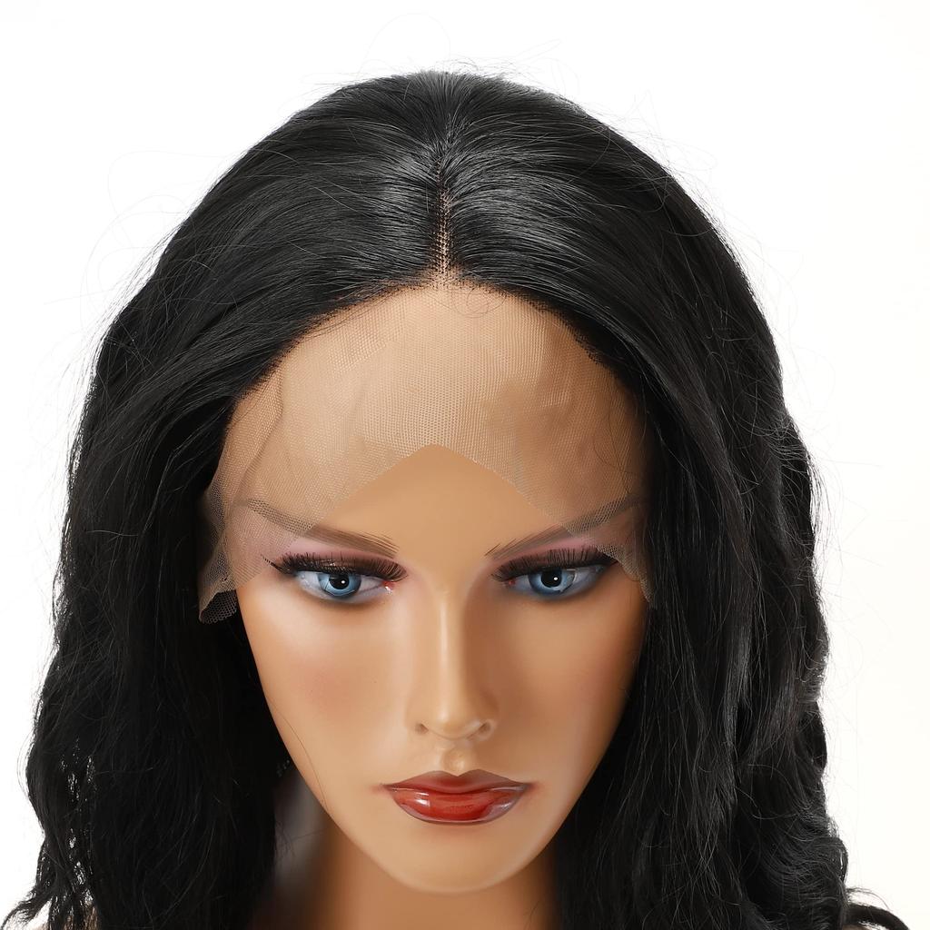 VOCOSTE Термостойкий парик с кружевной фронтальной частью, средней длины, пушистый, кудрявый и волнистый, для девушек, для повседневного использования, синтетическое волокно, черный, 30,5 см
