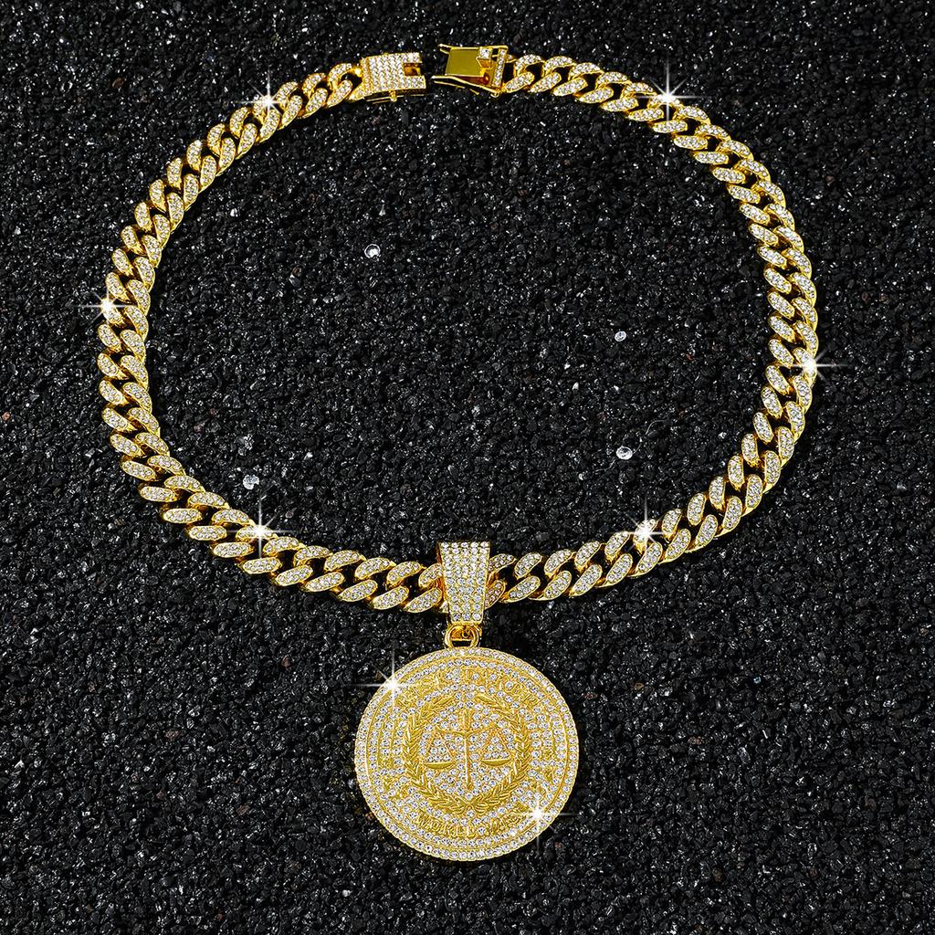 New Iced Out Justice Scale Pendant Necklace Alloy Gold Plated Full Rhinestone Cuban Chain Hip Hop Lawyer Attorney Symbol Jewelry